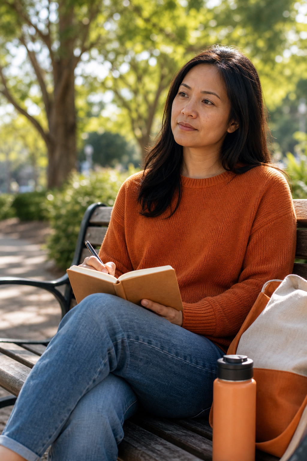 A realistic scene of an adult sitting quietly in a park, journaling with a thoughtful expression, surrounded by soft natural light. Alt: Adult reflecting on social needs and values for making friends.
