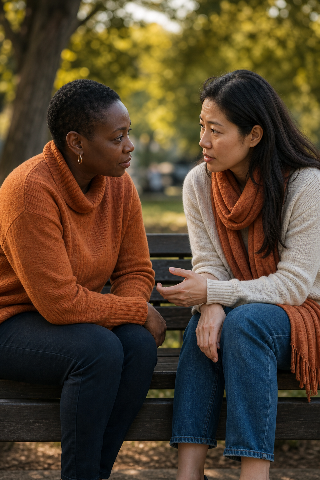 Two adults sitting on a park bench, leaning in toward each other, having an earnest conversation. Alt: Adults building deeper friendship through vulnerability and honest conversation.