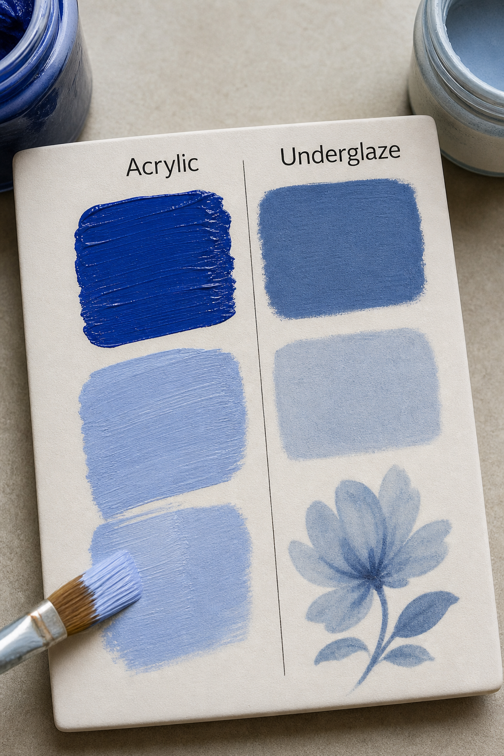 Realism prompt for painting technique close‑up showing acrylic vs underglaze on a ceramic tile, with brush strokes and color layering