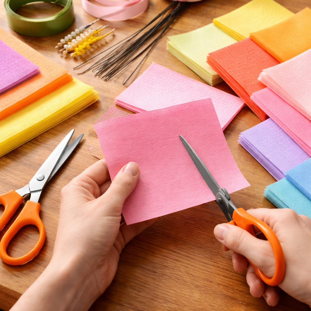 A photorealistic close‑up of a hand cutting a square of crepe paper, scissors on the side, bright pastel sheets spread out on a wooden table. Alt: How to make paper flowers with crepe paper – gathering tools and paper.