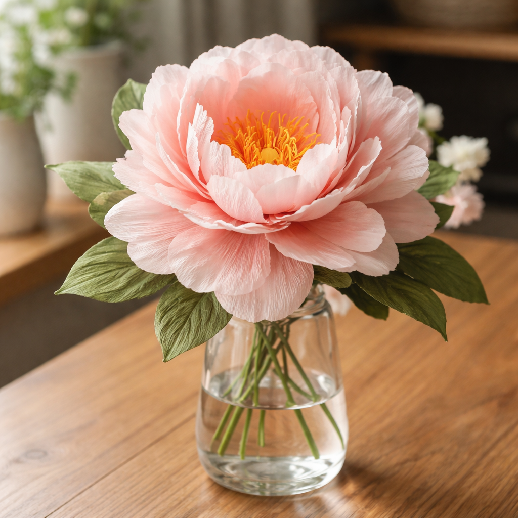 A photorealistic close‑up of a finished crepe paper flower displayed in a clear glass vase on a wooden table, soft natural light highlighting the petal texture. Alt: Finished paper flower display ideas for home décor.