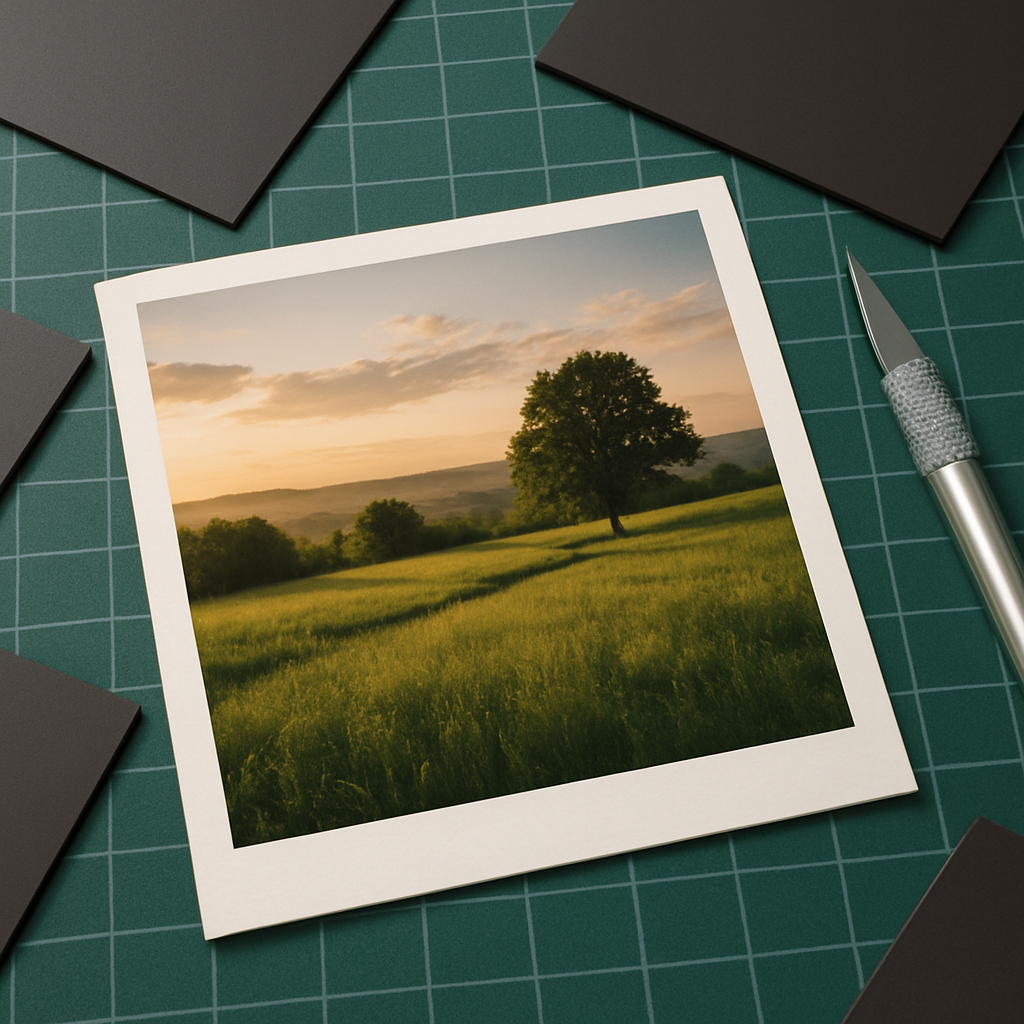 A close‑up of a freshly printed matte photo on a cutting mat, surrounded by magnetic sheets and a craft knife. Alt: High‑quality printed photo ready for magnet making.