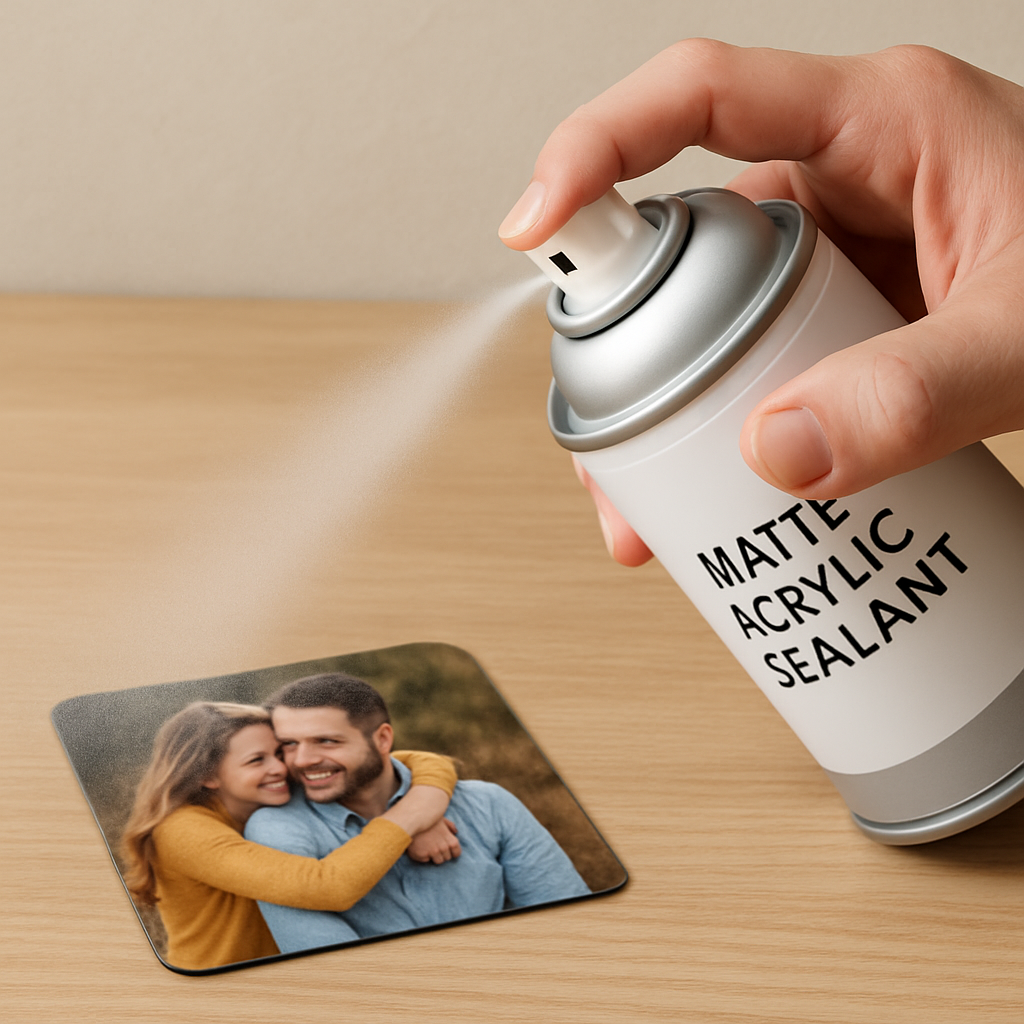 A close‑up of a hand spraying matte acrylic sealant over a photo magnet, showing a thin, even mist. Alt: How to make photo magnets – sealing step.