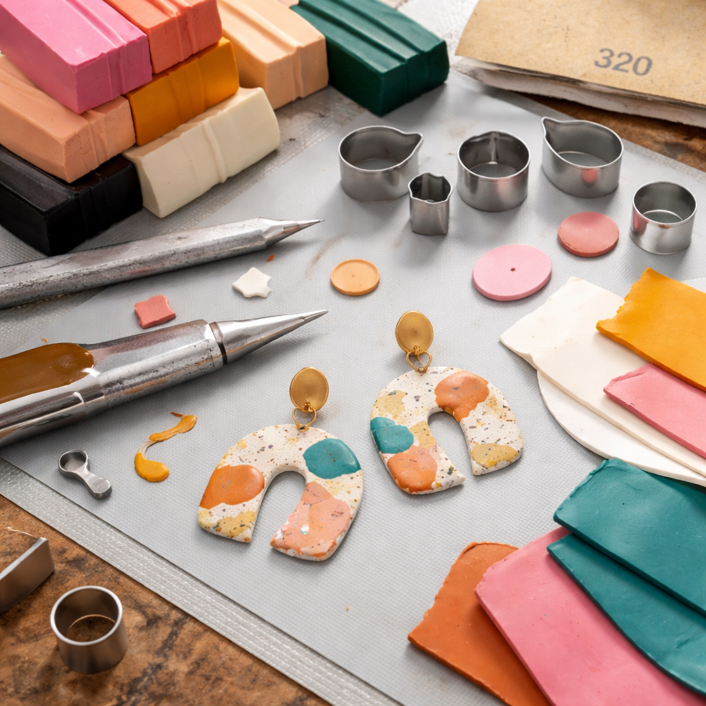 A photorealistic close‑up of a workspace with polymer clay blocks, rolled sheets on a silicone mat, cookie cutters, an X‑Acto knife, fine‑grit sandpaper, and a pair of finished polymer clay earrings ready to be assembled. Alt: Gather materials for polymer clay earrings.