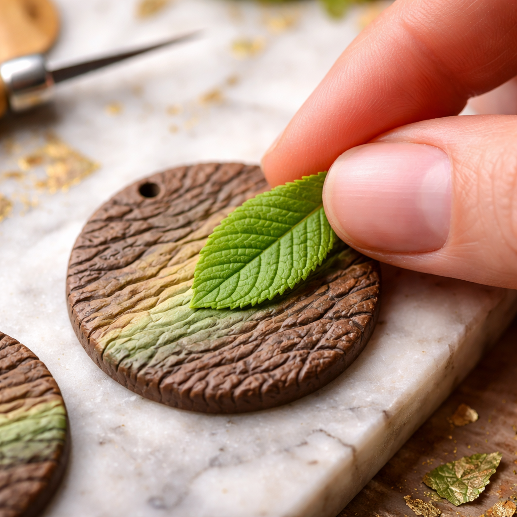 A photorealistic close‑up of a hand pressing a fresh leaf onto a 2 mm polymer clay earring base, showing the detailed bark texture and subtle colour layering. Alt: Adding designs and textures to polymer clay earrings step by step.