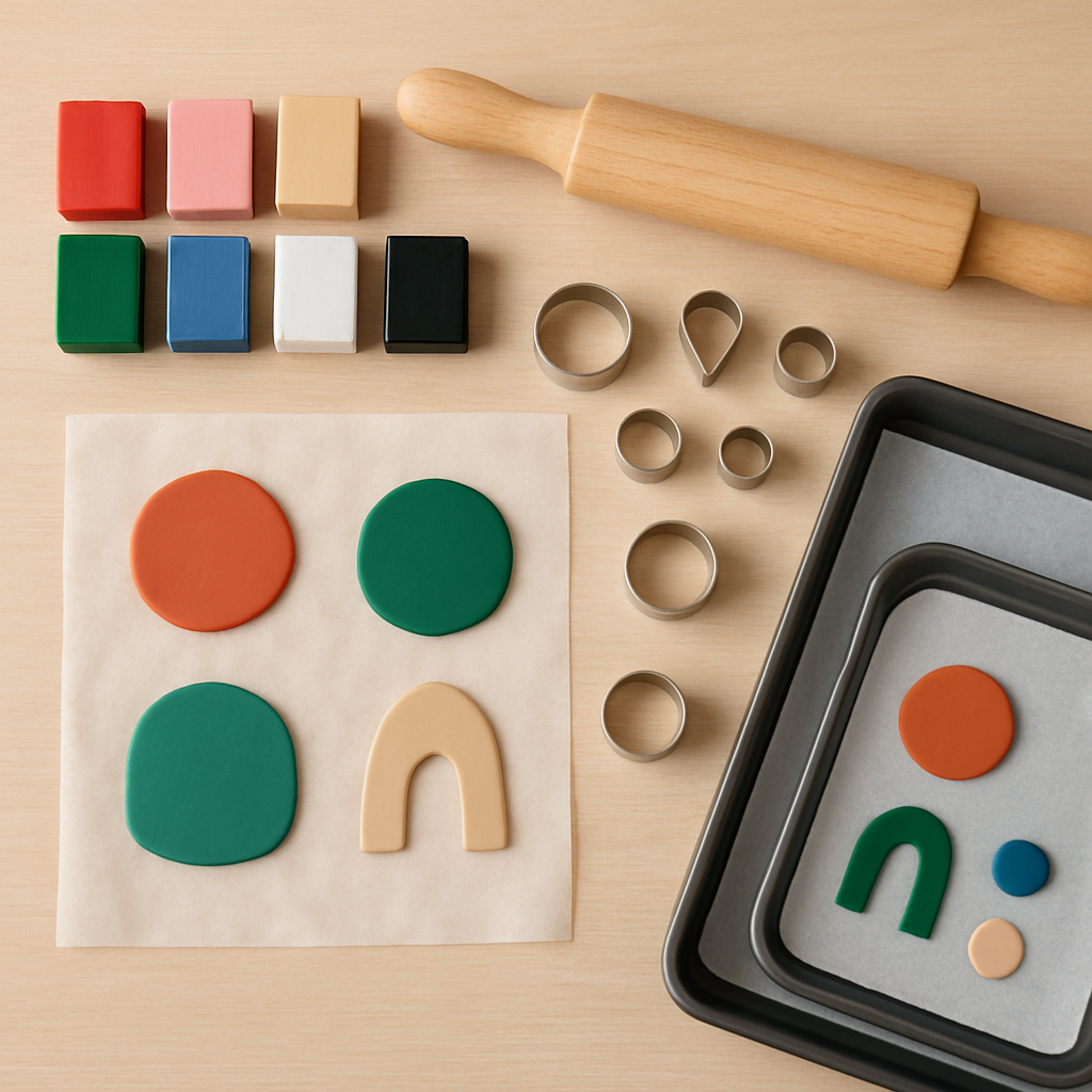 A neatly arranged workspace with polymer clay, rolling pin, cookie cutters, wax paper, and a parchment‑lined baking tray ready for earring making. Alt: Gather materials for polymer clay earrings, showing tools and supplies laid out.