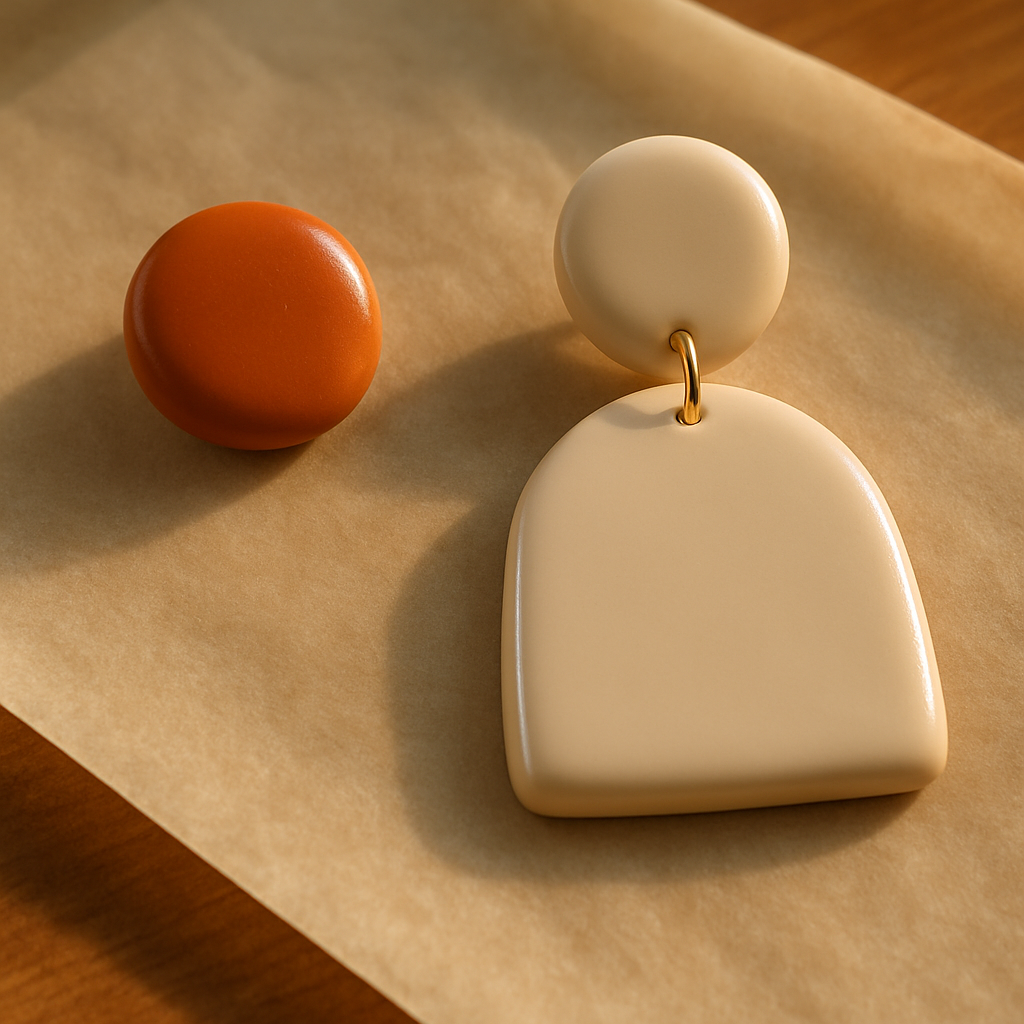 A close‑up of freshly baked polymer clay earrings sitting on a parchment sheet, one stud and one dangle, with a soft glow highlighting their smooth, sealed surfaces. Alt: Polymer clay earrings baked and finished, ready to wear.