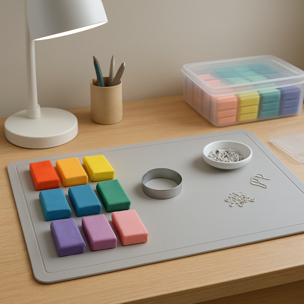 A photorealistic scene of a tidy craft table set up for polymer clay earring making, featuring a silicone mat, colourful clay blocks, a circle cutter, jump rings, and a daylight‑balanced lamp. The image should convey a calm, organised workspace appealing to hobbyists and creative entrepreneurs. Alt: Organized polymer clay earring workspace in realistic style.