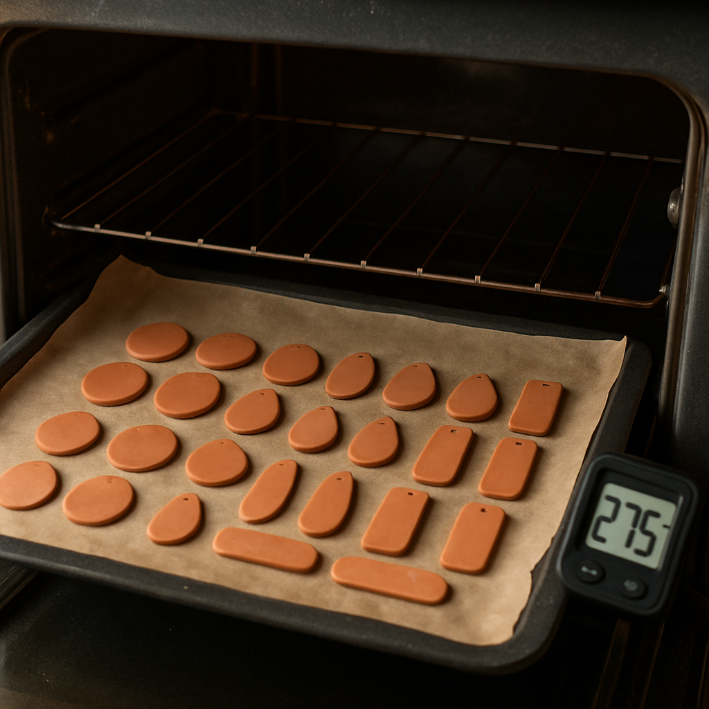 A photorealistic scene of a kitchen oven interior with a parchment‑lined baking tray holding neatly spaced polymer clay earring blanks, a digital oven thermometer displayed, soft natural light highlighting the warm glow of the clay, realistic texture details, appealing to hobbyist makers and creative entrepreneurs.