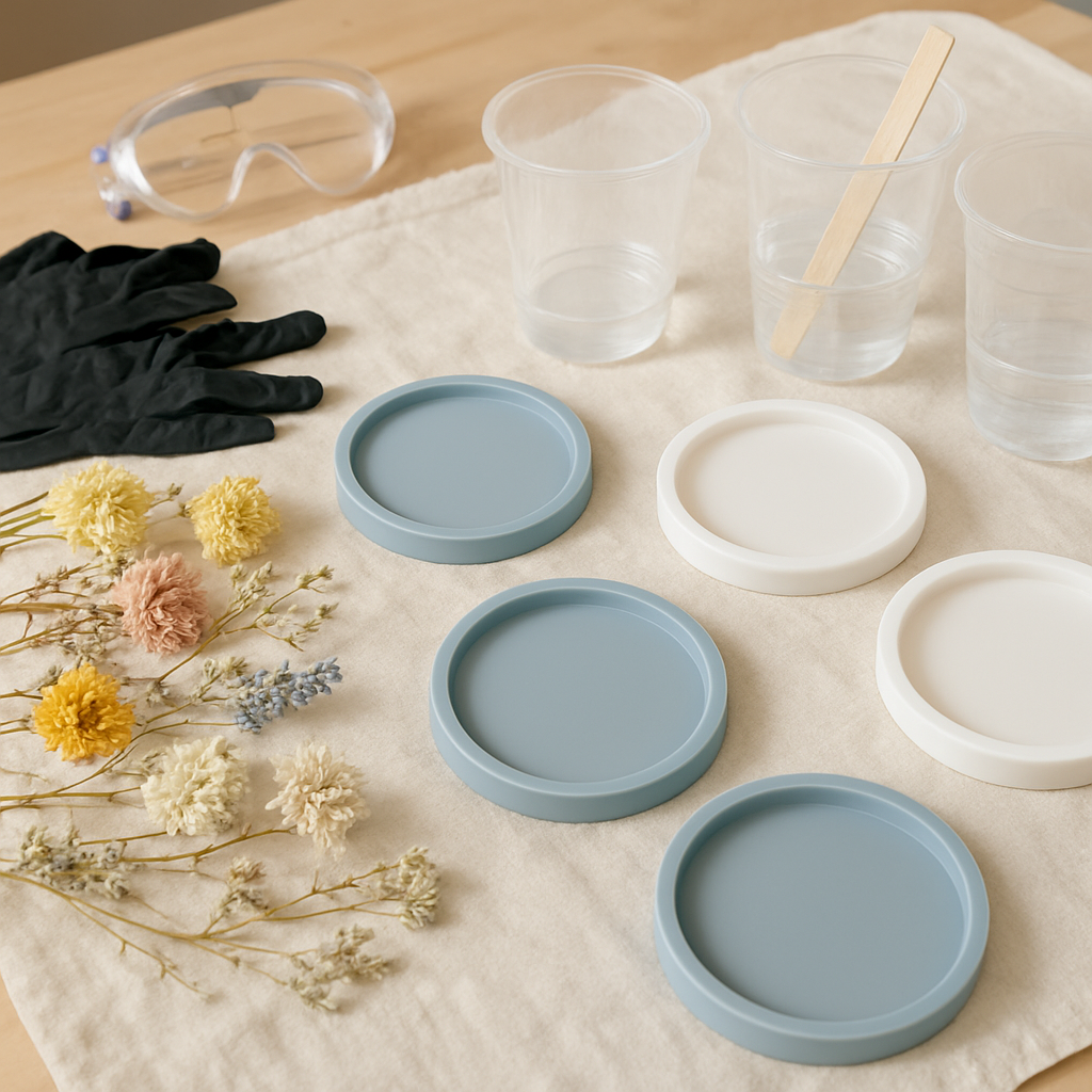 A well‑lit home workshop table showing silicone coaster molds, resin mixing cups, dried flowers, safety gear, and a drop cloth. Alt: “Gathering materials and preparing workspace for resin coasters with dried flowers.”