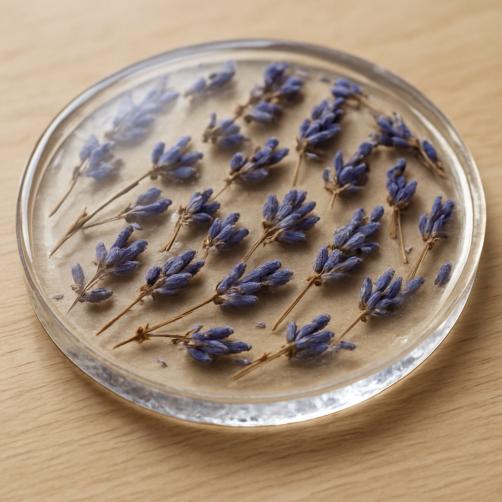 A close‑up of a freshly demolded resin coaster with dried lavender buds, light reflecting off the glossy surface. Alt: Resin coaster with dried flowers, ready for sanding and polishing.