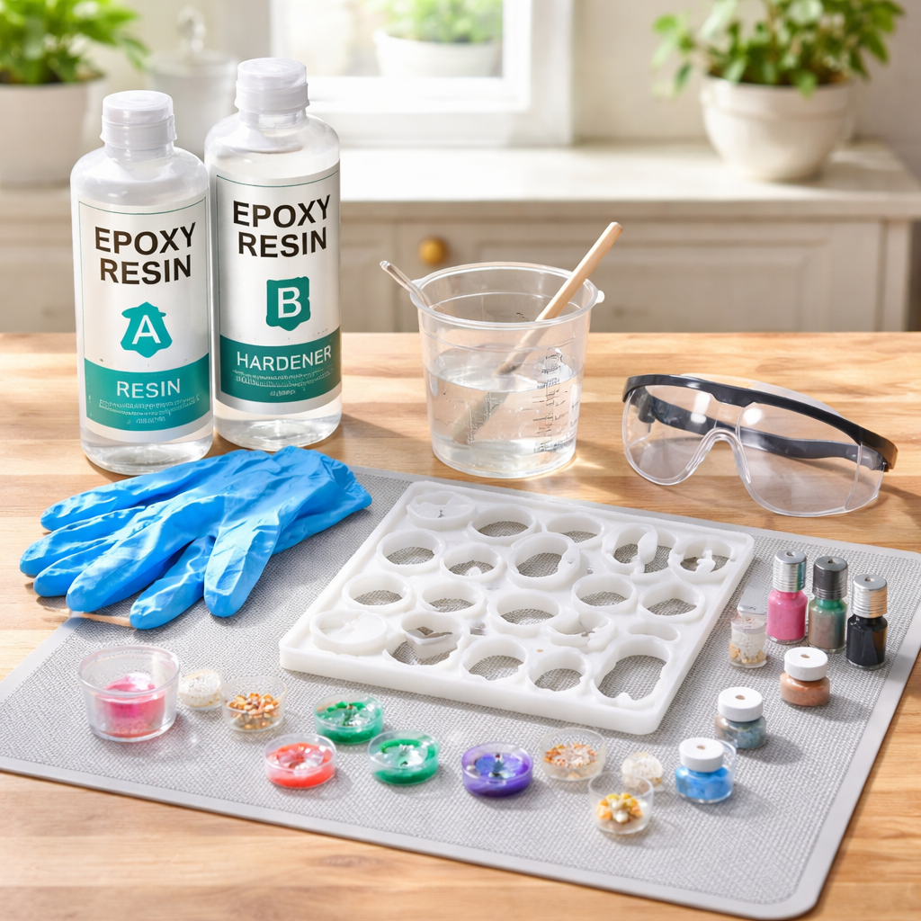 A photorealistic scene of a bright kitchen table with resin bottle, measuring cup, nitrile gloves, safety goggles, silicone mat, and a silicone mold set up for a beginner, natural lighting, showing a clear workspace for making resin jewelry. Alt: Beginner resin jewelry kit laid out on a table.