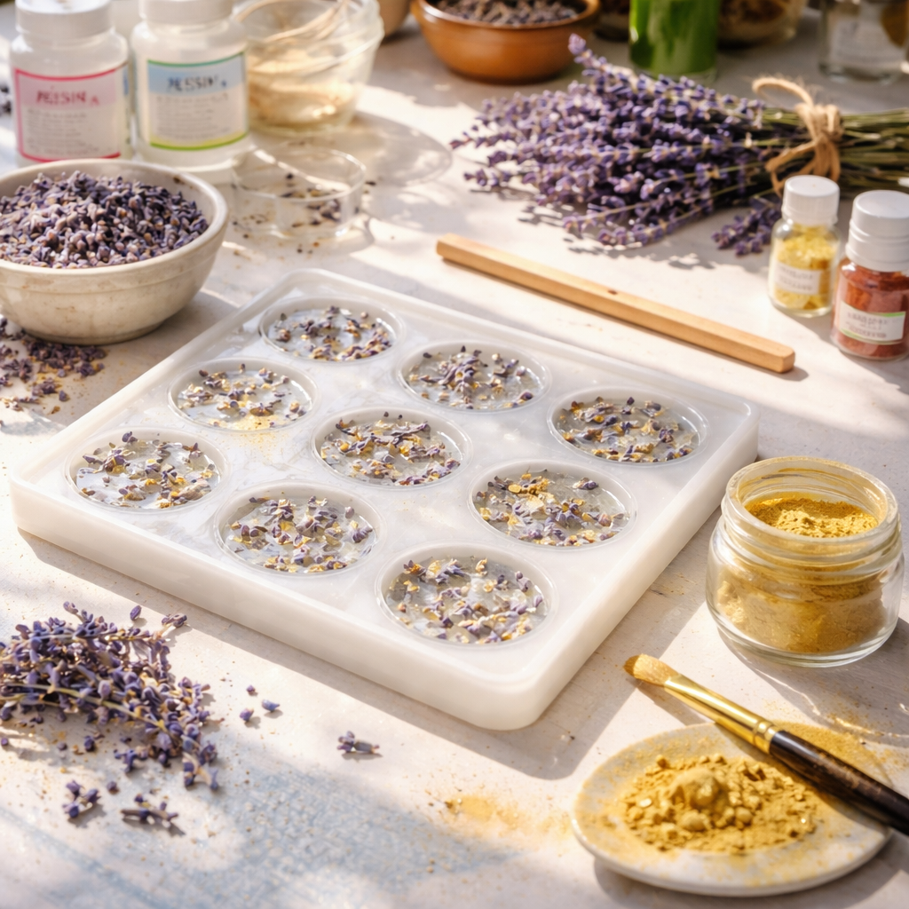 A photorealistic scene of a bright home crafting table showing a silicone mold filled with clear resin, tiny dried lavender buds, and a brush of gold mica powder, sunlight streaming onto the work area, appealing to arts‑and‑crafts hobbyists and creative entrepreneurs.
