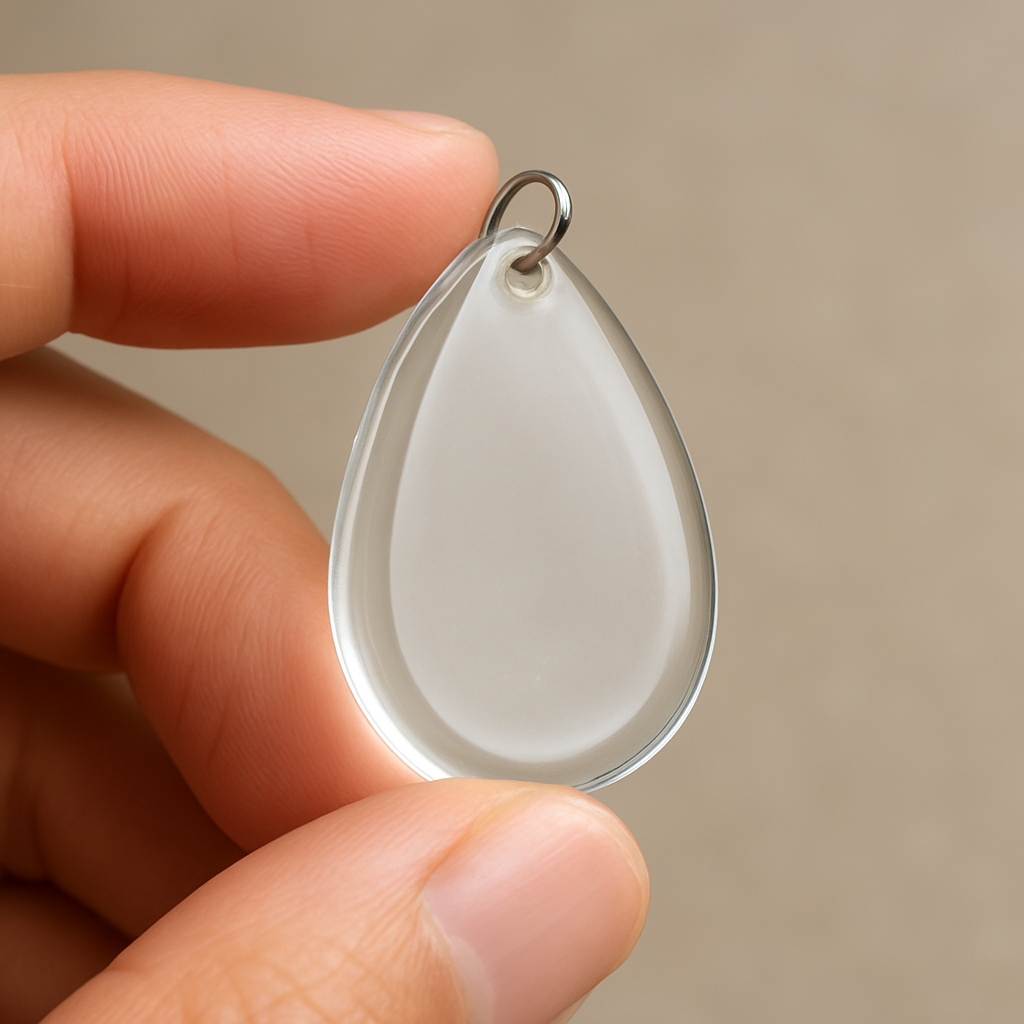 A close‑up of a hand holding a freshly demolded resin pendant, showing smooth edges, a clear glossy finish, and a tiny jump ring attached. Alt: Finished resin jewelry piece ready for polishing and hardware attachment.