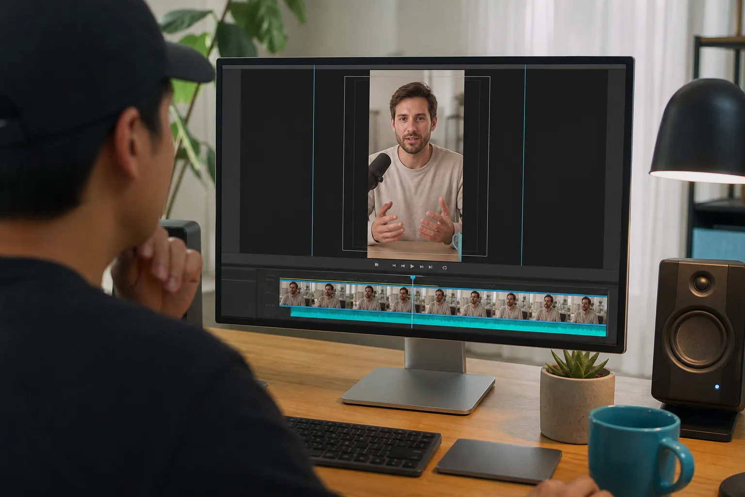 Reframing a YouTube interview clip in a vertical 9:16 layout.