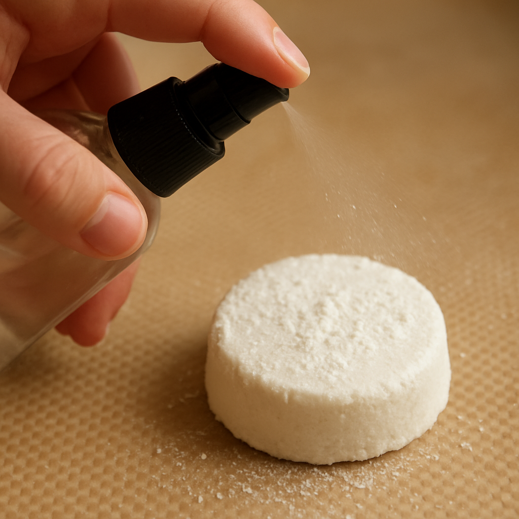 A close‑up of a hand gently misting a used shower steamer with a witch hazel spray bottle, arrowroot powder sprinkled on top, and a silicone mat in the background. Alt: Refreshing used shower steamer to make it last longer.