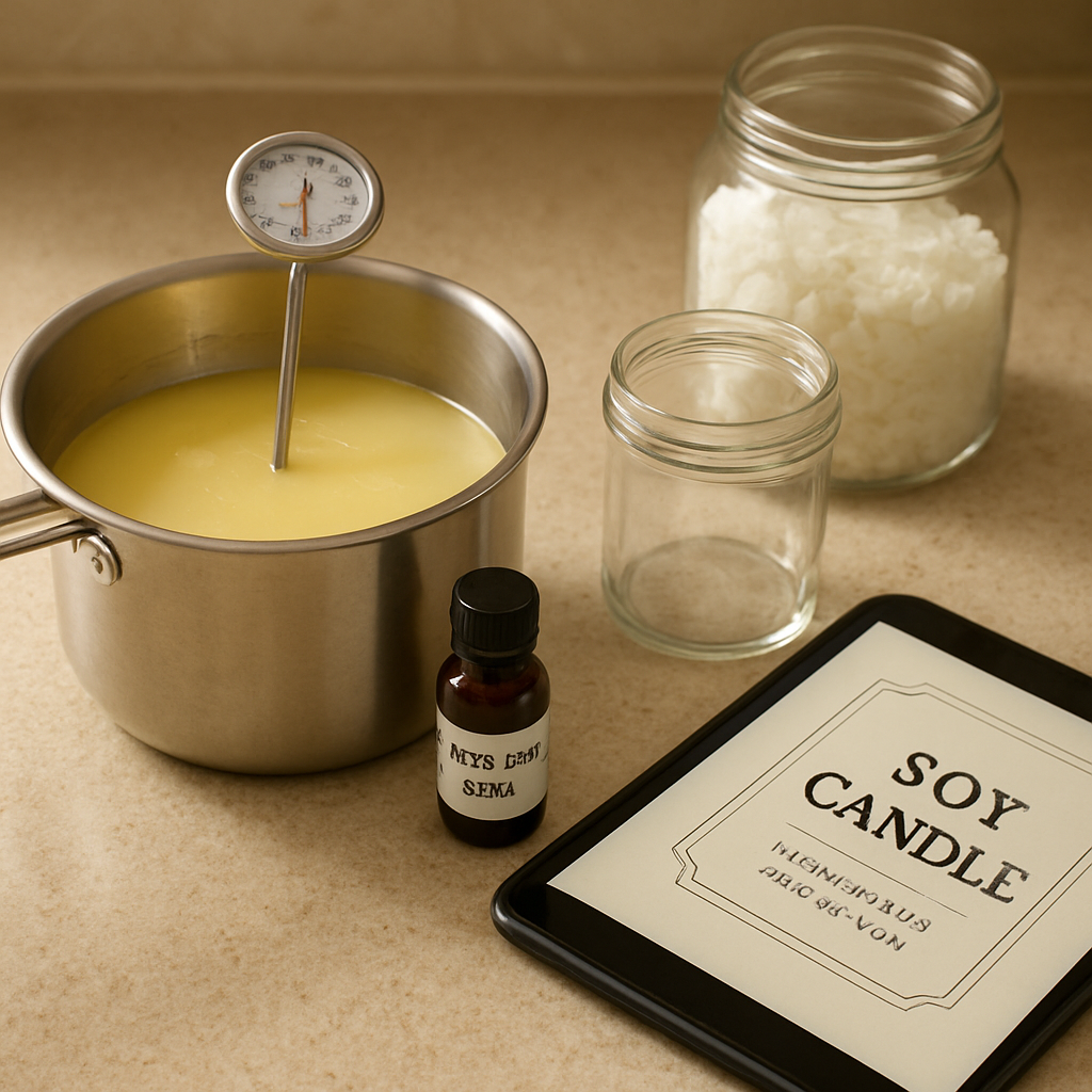 A cozy workspace with a pot of melted soy wax, a thermometer, a jar of essential oil, a glass jar ready for pouring, and a label design on a tablet. Alt: Soy candle making supplies displayed on a kitchen counter