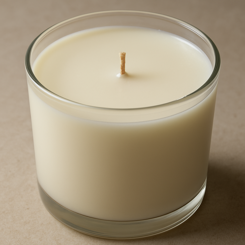 A close‑up of a freshly poured soy candle cooling on a flat surface, showcasing a smooth wax finish and centered wick. Alt: Smooth soy candle pouring technique