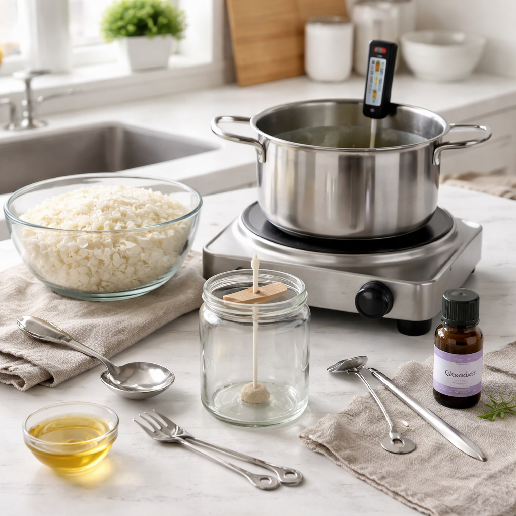 A photorealistic scene of a clean kitchen countertop with soy wax flakes, a double boiler, a thermometer, a glass jar, a cotton wick, and a small bottle of essential oil ready for candle making. Alt: How to make soy candles with essential oils workspace setup.