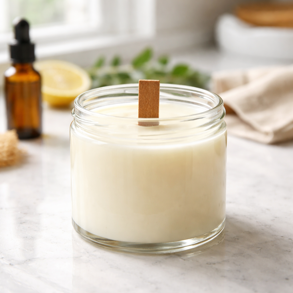 A photorealistic close‑up of a pre‑wicked glass jar, a wooden wick, and poured soy wax cooling on a bright kitchen counter. Alt: How to make soy candles with essential oils step 3.