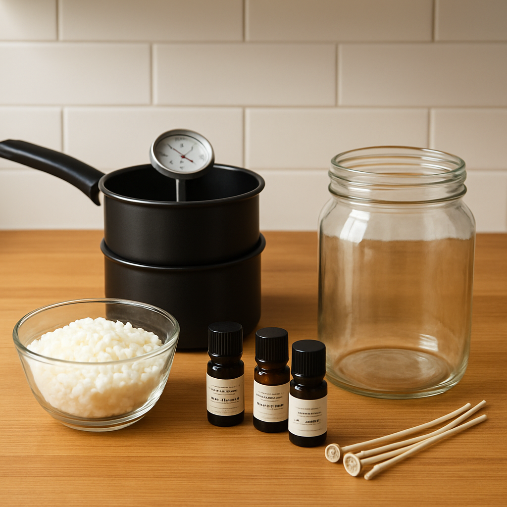 A cozy kitchen station with soy wax, essential oils, a double‑boiler, thermometer, wicks, and a glass jar arranged on a wooden counter. Alt: soy candle making supplies for beginners.
