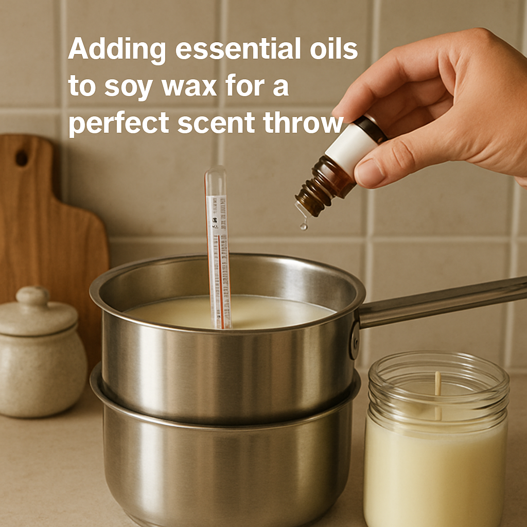 A cozy kitchen station showing a double boiler, a thermometer, a jar with a wick, and a bottle of essential oil being added, with the caption “Adding essential oils to soy wax for a perfect scent throw.” Alt: Soy candle making step 3 essential oil addition.