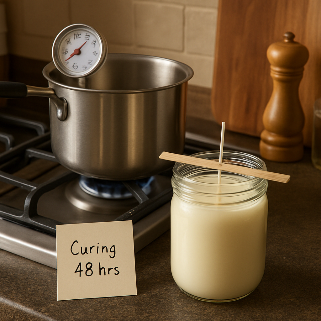A cozy home kitchen setting with a double‑boiler on a stove, a thermometer showing 135°F, a mason jar filled with smooth soy wax, a wick centered by a stick, and a small note titled ‘Curing 48 hrs’. Alt: Pouring and curing soy candles with essential oils