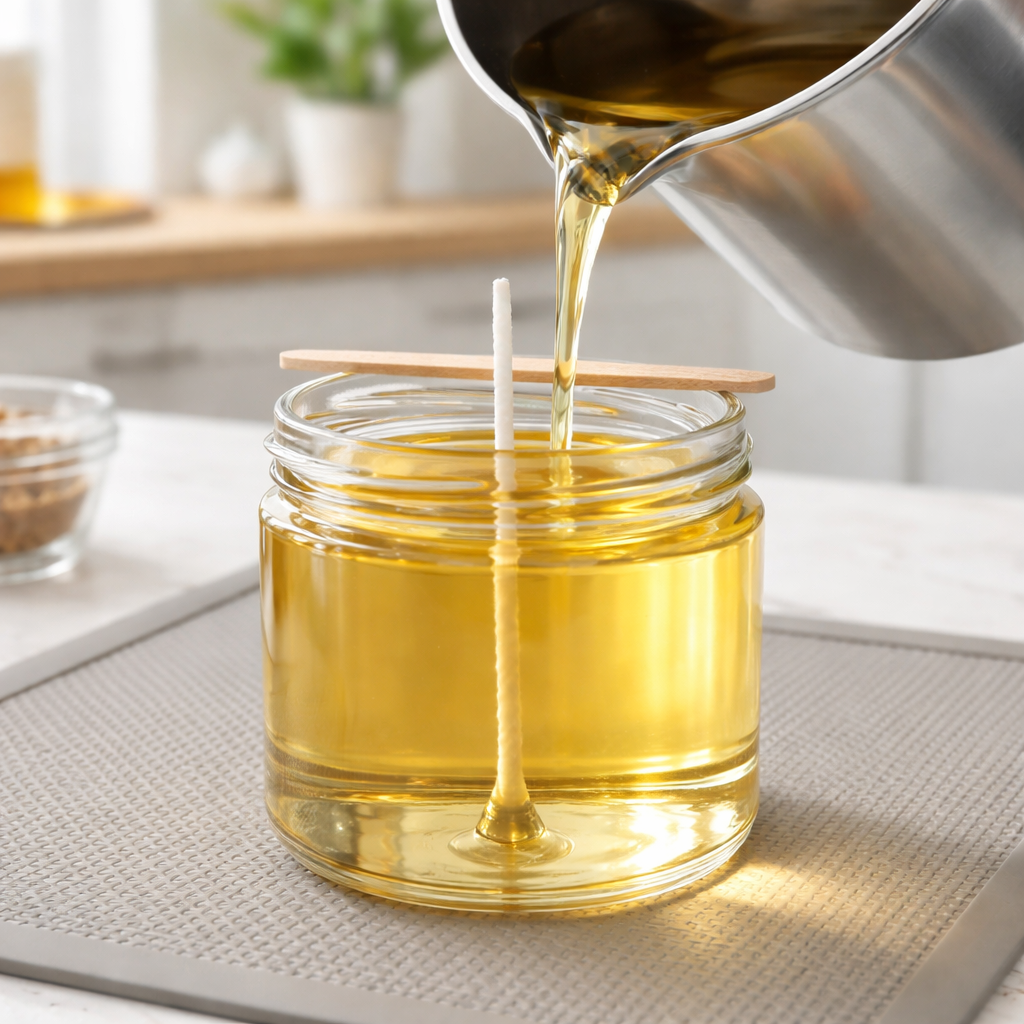 A photorealistic close-up of a candle being poured into a glass jar, with a centered wick and a silicone mat in a bright kitchen, capturing the glossy surface as the wax settles. Alt: Pouring soy wax candle at home showing a centered wick.