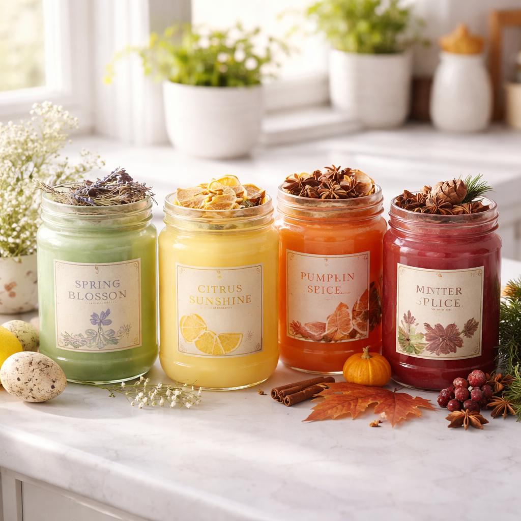 A photorealistic kitchen counter with jars of soy wax candles in seasonal colors – pastel greens for spring, bright yellows for summer, warm oranges for autumn, and deep reds for winter – each jar topped with a natural decorative element like dried herbs or pine needles, captured in soft natural light. Alt: Seasonal soy candle ideas and variations for home candle making.