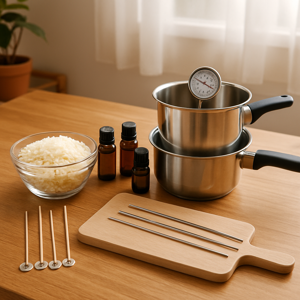 A bright, organized workspace with soy wax flakes, essential oil bottles, a double boiler, thermometer, and stirring sticks arranged neatly on a wooden table. Alt: Gather materials and tools for making soy wax candles with essential oils.