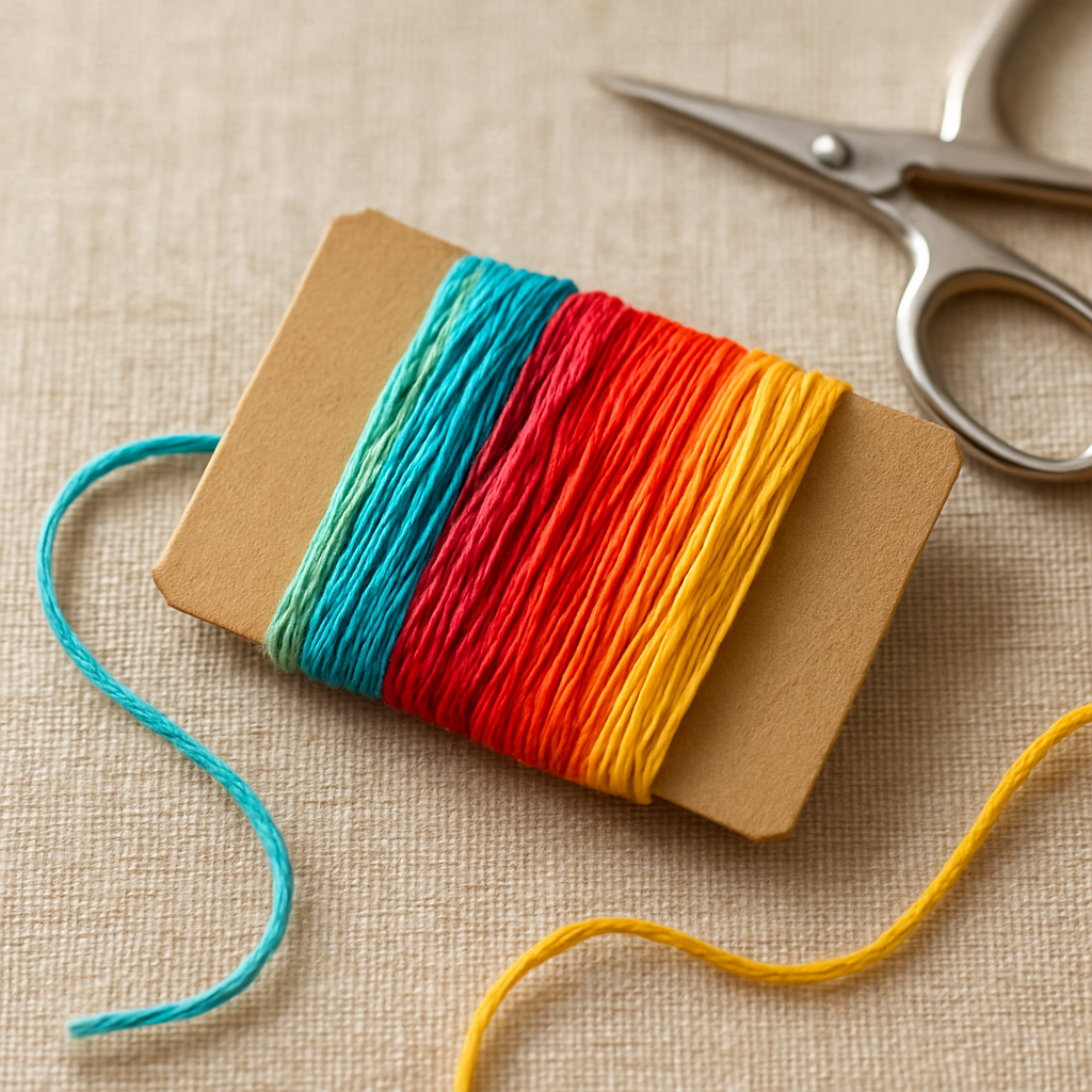 A close‑up of colorful embroidery thread wrapped around a small piece of cardboard, ready to be knotted into a tassel. Alt: How to make tassels with embroidery thread – gathering materials