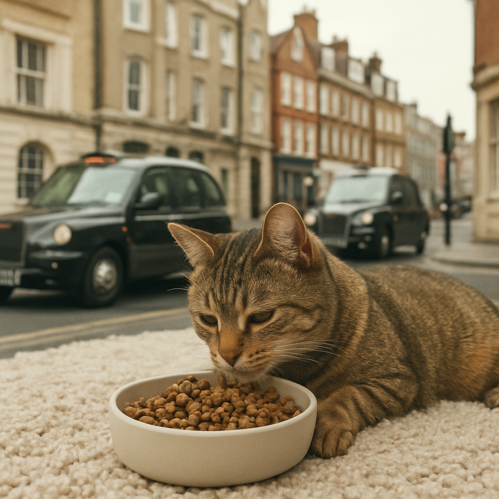 A calm domestic cat lying on a plush rug next to a bowl of grain‑free, high‑protein kitten food. Alt: Cat eating grain‑free kitten food with a gentle expression.