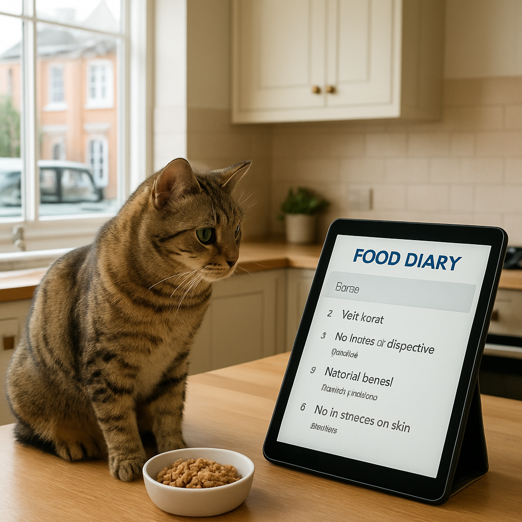 A cozy kitchen setting with a cat sitting beside a small bowl of wet food, a digital tablet displaying a food diary app. Alt: Cat observing food diary in a kitchen