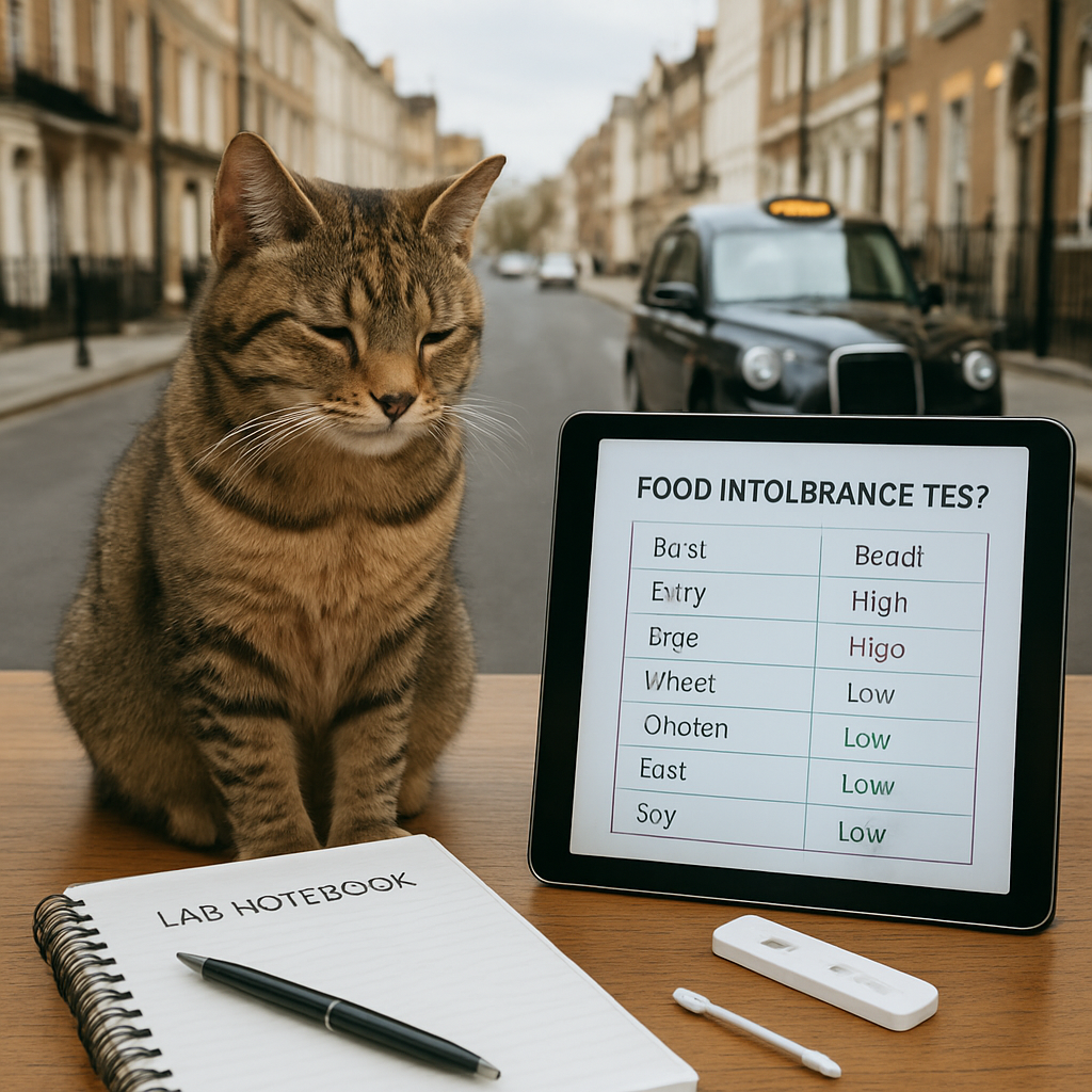 A calm cat sitting next to a lab notebook and a test kit, with a focus on the test results displayed on a screen. Alt: Cat owner reviewing food intolerance test results.