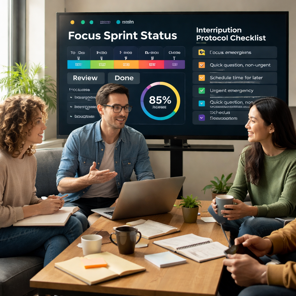 A photorealistic scene of a remote worker, student, freelancer, and busy professional gathered around a digital dashboard showing sprint status and interruption protocol checklist. Alt: Communicating interruption protocols during focus sprints.