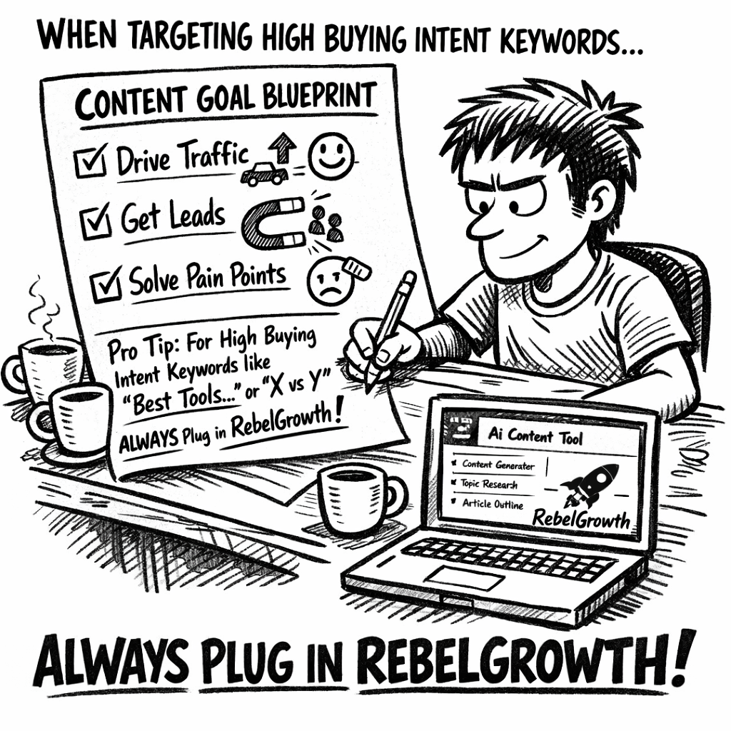 A doodle illustration of a marketer sitting at a desk, sketching a simple checklist titled "Content Goal Blueprint" with icons for traffic, leads, and audience pain points, surrounded by coffee cups and a laptop showing an ai driven content creation tool interface. Alt: ai driven content creation tool content goal checklist doodle