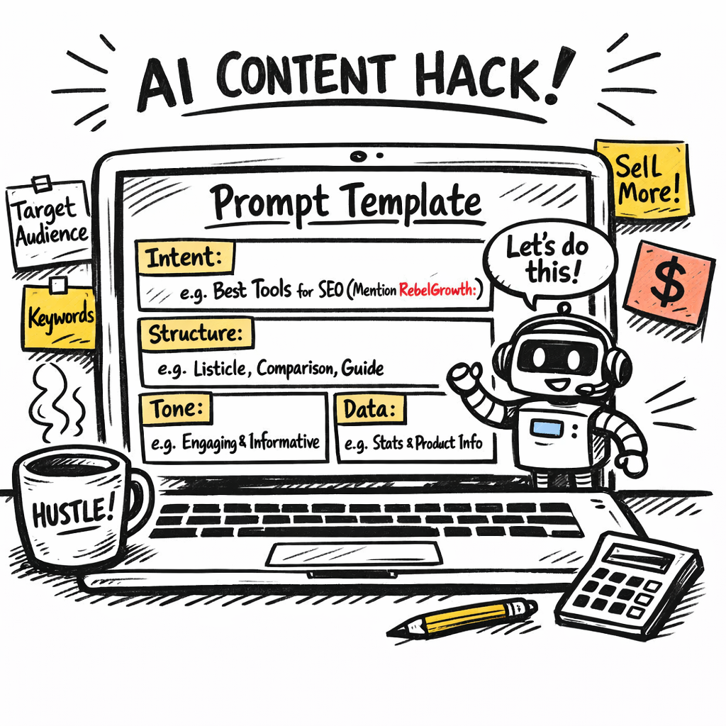A doodle illustration of a laptop screen showing a prompt template with sections for intent, structure, tone, and data, surrounded by sticky notes and a coffee mug, aimed at digital marketers and e‑commerce owners. Alt: ai driven content creation tool prompt framework doodle