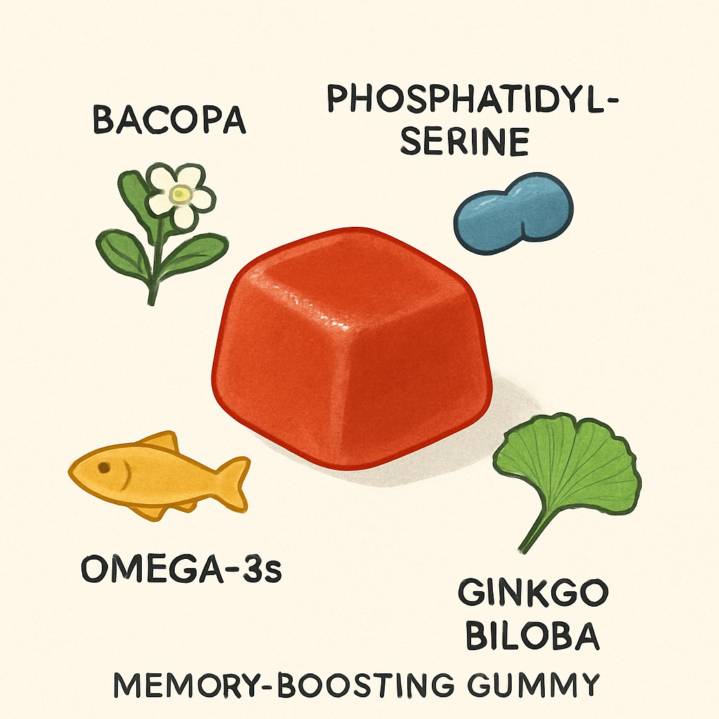 A close‑up illustration of a memory‑boosting gummy with labels showing key ingredients like bacopa, phosphatidylserine, omega‑3s, and ginkgo biloba. Alt: Memory gummies ingredients chart