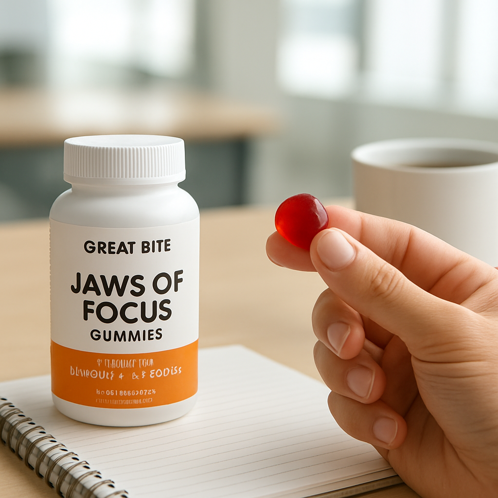 A close‑up of a hand holding a memory‑boosting gummy beside a notebook and a coffee cup, with a subtle background of a bright office setting. Alt: Memory gummies on a desk
