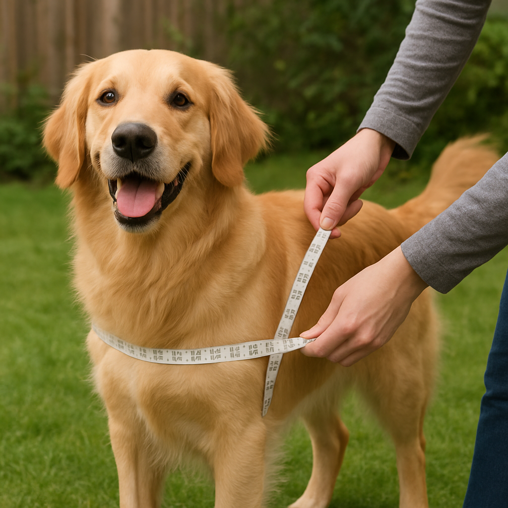A happy dog standing on a grassy backyard while a person holds a cloth measuring tape around its chest. Alt: Measuring dog chest girth for harness fitting