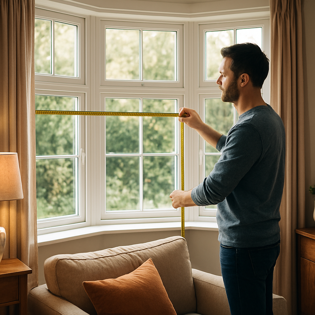 A realistic rendering of a homeowner measuring the central width of a bay window with a tape measure, showing the tape crossing the glass at the midpoint. Alt: Measure central width of bay window for blinds
