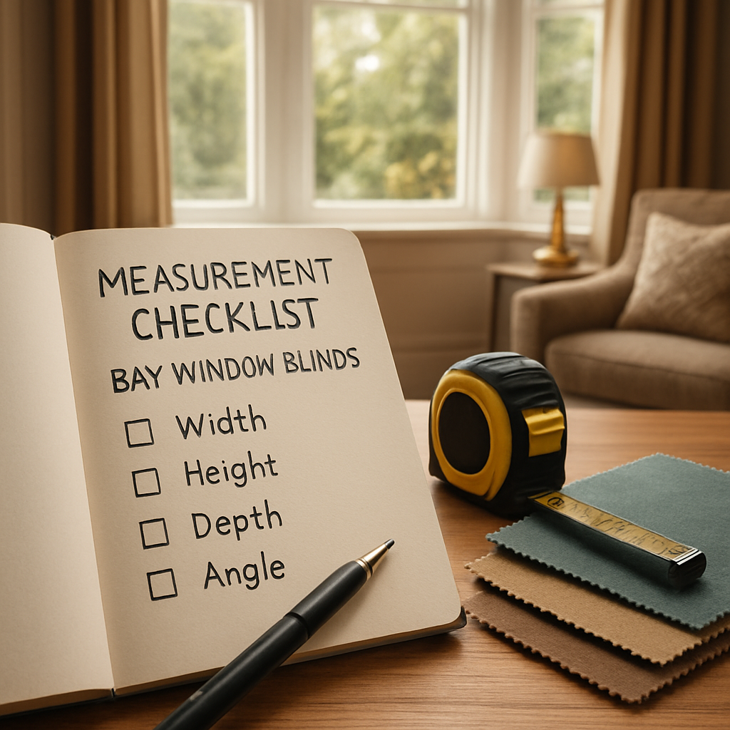 A notebook open with a measurement checklist next to a bay window, showing pen, tape measure, and sample fabric swatches. Alt: measurement checklist for bay window blinds