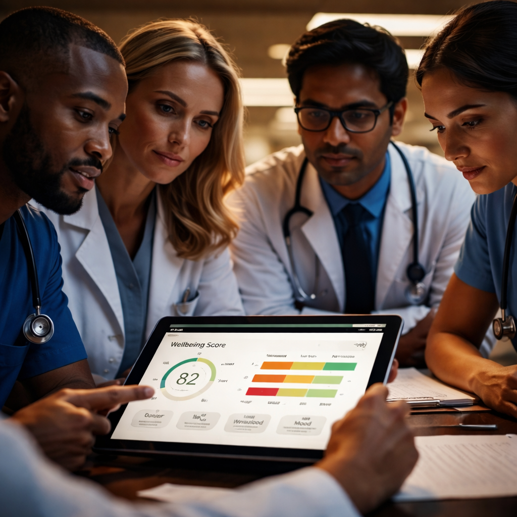 A cinematic, photorealistic scene of a diverse group of clinicians sitting around a tablet, reviewing a simple wellbeing chart with color‑coded scores. The lighting is dramatic yet warm, highlighting the focus on data‑driven wellbeing. Alt: Clinician wellbeing metrics dashboard in a hospital setting.