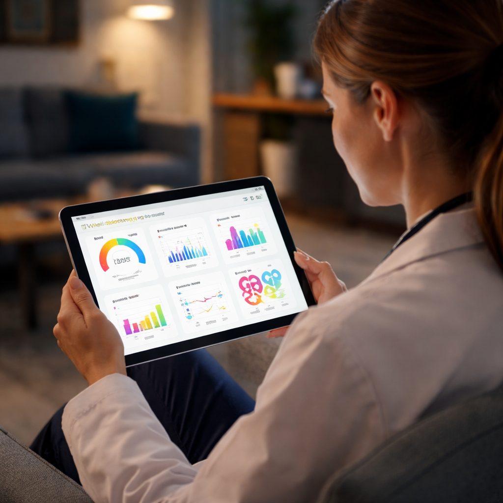 A cinematic image of a clinician reviewing a colourful wellbeing dashboard on a tablet in a quiet staff lounge, soft lighting highlighting charts and icons. Alt: Clinician monitoring wellbeing metrics on a tablet in a hospital lounge.