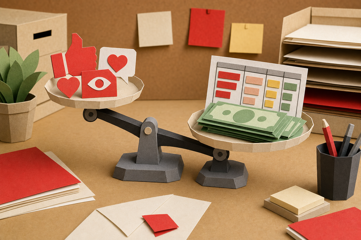 Papercraft-style illustration showing two weighing scales side by side on a desk workspace. One scale holds colorful paper "likes" and "pageview" icons in bright red and white. The other scale holds paper dollar bills and a CRM pipeline chart, visibly heavier. Background is a warm paper-textured office scene with filing trays and sticky notes. Alt: content marketing ROI metrics vs vanity metrics papercraft illustration.
