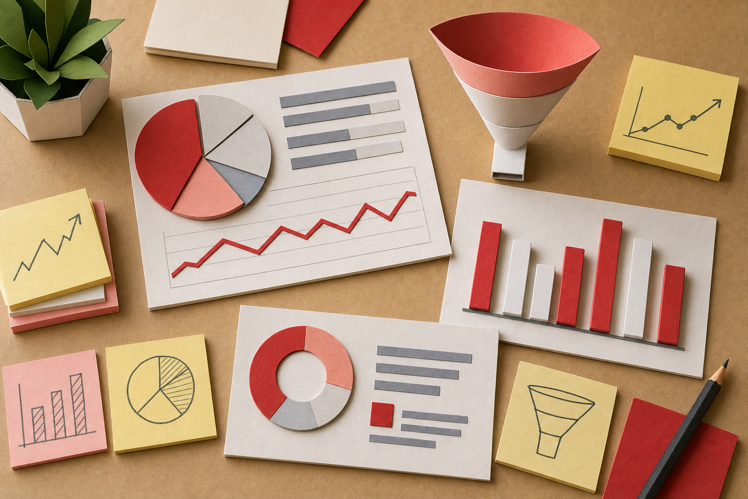 Papercraft-style flat-lay of a desktop analytics workspace with colorful paper-craft dashboard charts, a small paper funnel, paper bar graphs in red and white, and paper sticky notes showing metric labels like "pipeline" and "CAC". Natural paper texture background with warm desk lighting. Alt: content marketing ROI tracking tools dashboard papercraft illustration.