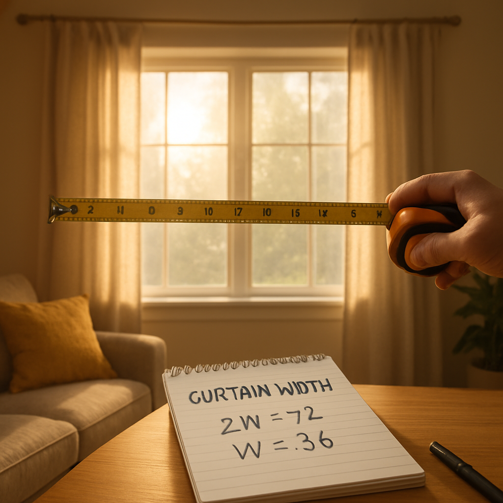 A sunny living room with half‑draped curtains measured with a steel tape, showing the tape stretched across the window opening and a notepad with width calculations beside it. Alt: measuring curtains width step‑by‑step guide.