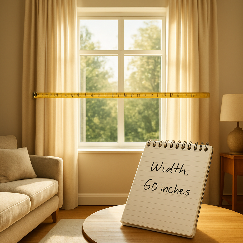 A bright, sun‑lit living room with a window framed by elegant floor‑to‑ceiling curtains, measuring tape laid across the window width, and a notepad with handwritten measurements. Alt: How to measure for curtains – step by step visual guide