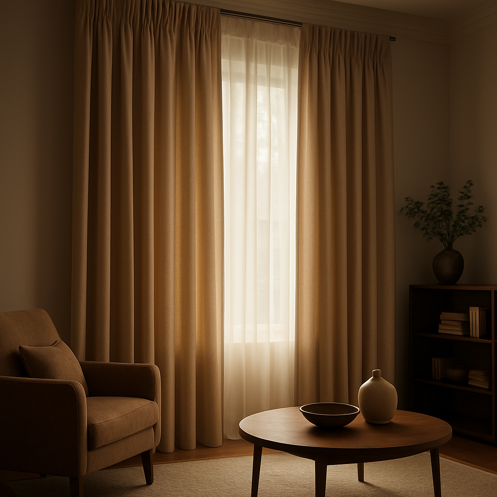 A stylish living room window showing a floor‑kiss curtain with a pinch‑pleat header, soft natural light spilling in. Alt: floor‑kiss curtain with pinch‑pleat header for luxurious home interior.