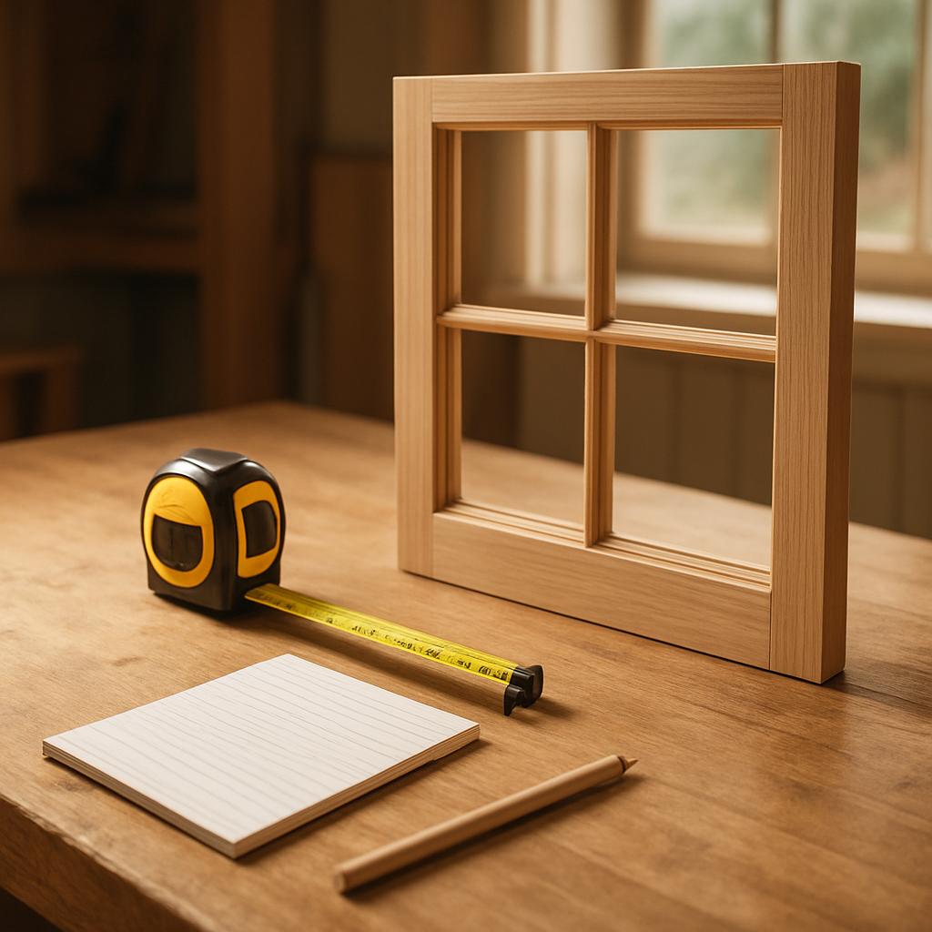 A well‑lit workbench with a tape measure, notepad, and a window frame ready for shutter measuring. Alt: measuring tools for plantation shutters